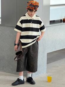 青少年男童豹纹口袋宽松休闲牛仔短裤 - 棕色 - 查看 4