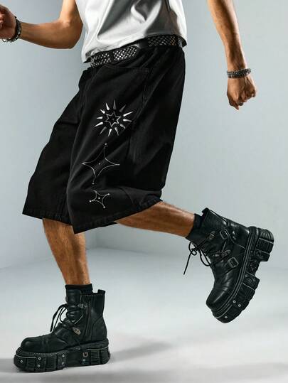 ROMWE MEN Street Life Men's Casual Everyday Embroidered Detail Loose Denim Shorts