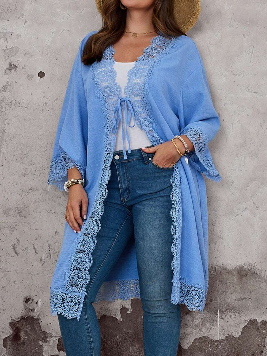 EMERY ROSE 大码女式休闲度假纯色蓝色蕾丝拼接七分袖和服外套，春夏款 - 藍色 - 查看 1