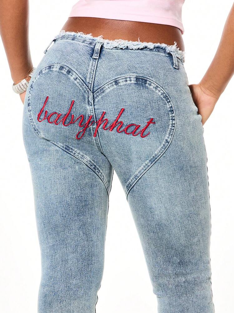 BABYPHAT Bootcut Heart Detail Embroidered High Rise Flared Hem Denim Jeans With Vintage Washed Finish And Red Script Text For Valentine's Day