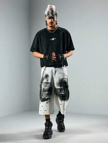 ROMWE MEN Street Life 男士夏季休闲时尚街头渐变水洗做旧铆钉宽松阔腿工装牛仔裤，不含链条腰带 - 白色 - 查看 6