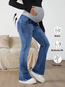 SHEIN Maternity Navy Blue Winter Casual Flare Jeans,Everyday High Waist Color Block Pregnancy Pants With Ribbed Over Belly Panel For Expectant Mothers - Medium Wash - View 8