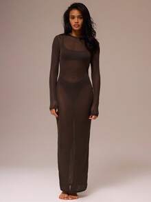 MUSERA ESSENTIALS Crewneck Longsleeve Sheer Mesh Maxi Dress Winter Spring Night Out Sexy Cute Mesh Fitted Essential - Army Green - View 5