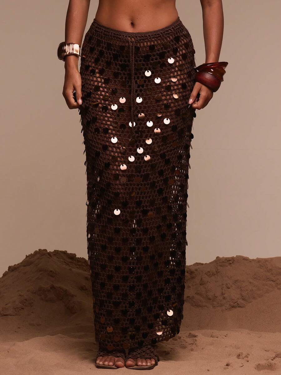 Musera Resort Váy maxi dệt kim hở đính sequin, chỉ dùng để che chắn khi đi bơi, du lịch mùa hè, đồ đi biển Terra Sol mùa xuân - Màu nâu Sô-cô-la - Xem 1