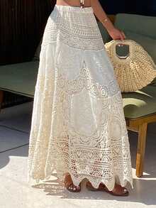 DAZY Bohemian Hollow Crochet Lace Drawstring Waist High Waist A-Line Skirt For Women, Spring - Apricot - View 5