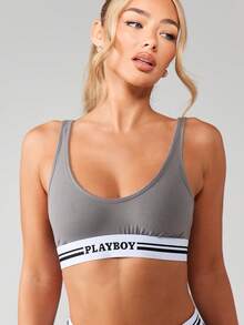 Missguided x Playboy Scoop Neck Bralette And Boxer Brief Set With Contrast Striped Band Athletic Inspired Loungewear Comfortable Everyday Intimates Two Piece Undergarment Collection - Grey - View 4