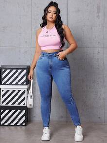 SHEIN EZwear Plus Size Plain Simple Everyday Jeans - Blue - View 4