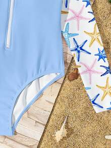 Tween Girls' Casual Minimalist Round Neck Long Sleeve One-Piece Swimsuit, Sky Blue, Beach/Resort Style, Colorful Starfish Print, Suitable For Summer - Multicolor - View 6