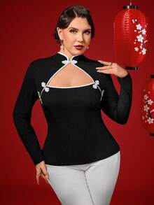 Elenzga 大码女式立领镂空撞色中式纽扣长袖T恤 - 黑與白 - 查看 5