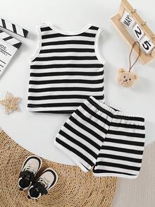 Baby Boy Black And White Striped Bear Embroidered Sleeveless Top With Shorts, Casual 2pcs Home Outfit