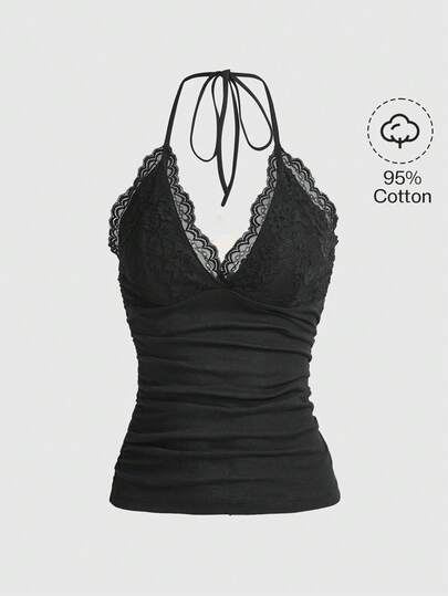 ROMWE PETITE 娇小女士优雅度假纯色蕾丝荷叶边露背上衣