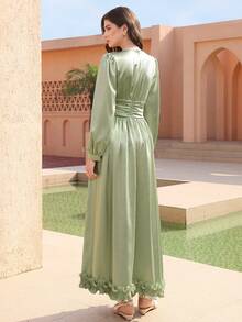 Graceveil 纯色优雅荷叶边褶裥腰身长袖喇叭下摆女式连衣裙 - 綠色 - 查看 5