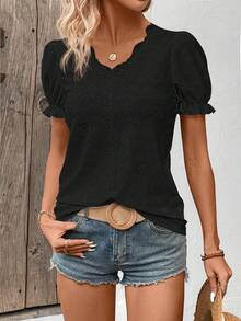 EMERY ROSE Summer Casual Solid Color Textured Lace Trim T-Shirt - Black - View 5