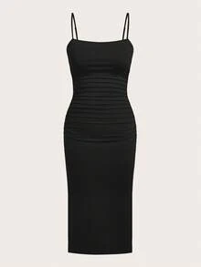 SHEIN EZwear Đầm hè dáng ôm màu đen xếp ly, thanh lịch, dây mảnh dành cho nữ, cỡ lớn. - màu đen - Xem 6