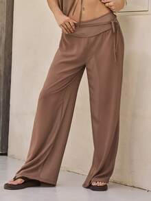 Aralina Quần Palazzo nữ màu trơn, thiết kế thắt nút, kiểu dáng thường ngày đa năng, thích hợp cho kỳ nghỉ. - Cà phê nâu - Xem 5