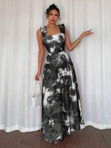 Elenzga 随机印花，荷叶边浪漫大碎花扎染粉色和酒红色方领收腰A字无袖吊带裙，春夏款 - 黑與白 - 查看 4