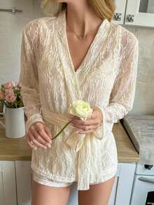 SHEIN 3pcs Apricot Jacquard Spring/Autumn Women Sleepwear Set: Long Sleeve Camisole Shorts & Long Sleeve Cardigan - Apricot - View 4