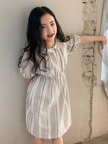 Dazy Kids Young Girl Striped Peter Pan Collar Short Puff Sleeve Cute Dress - Khaki - View 1