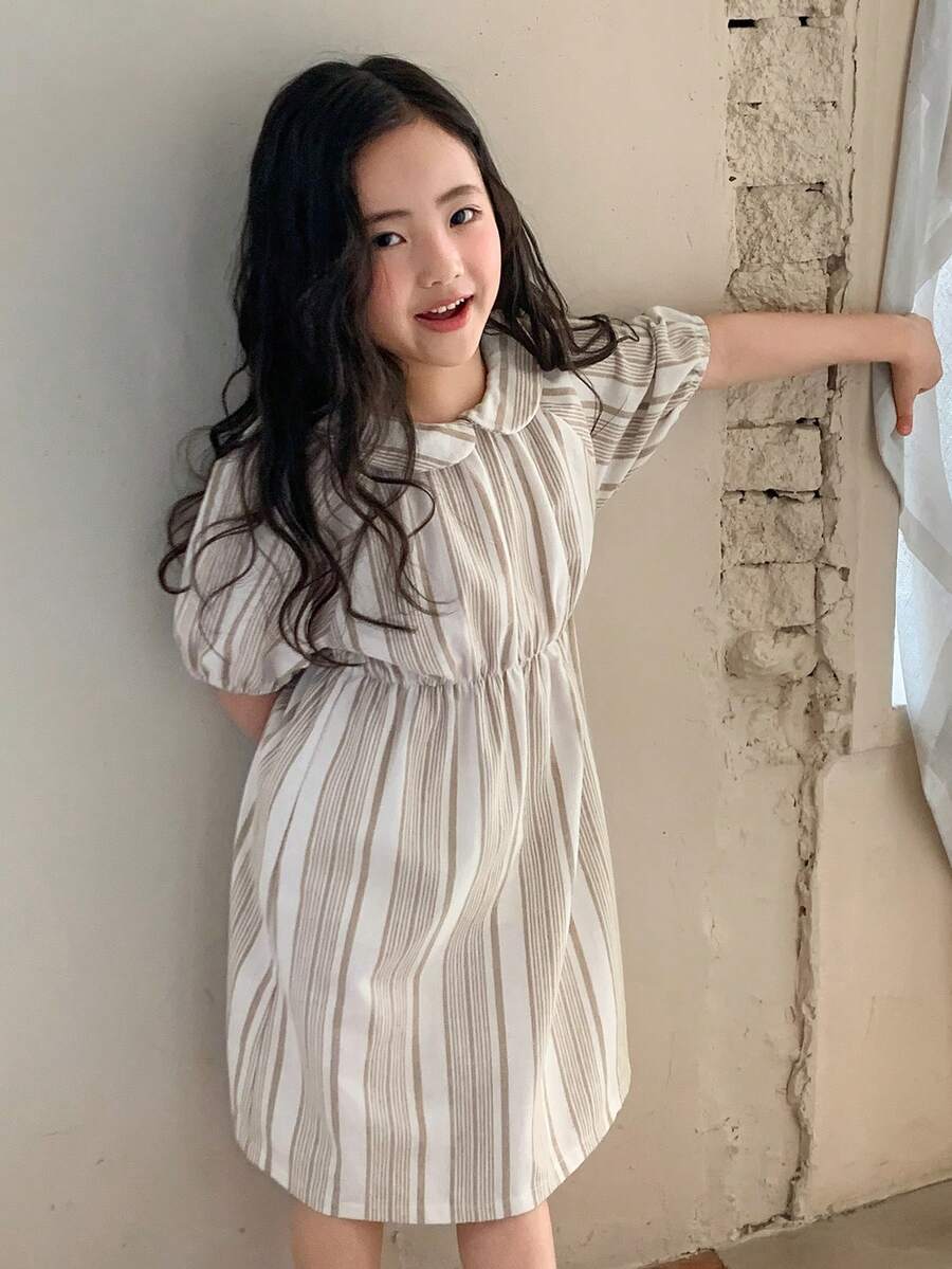 Dazy Kids Young Girl Striped Peter Pan Collar Short Puff Sleeve Cute Dress - Khaki - View 1