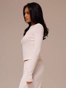 MUSERA ESSENTIALS Fitted Pointelle Longsleeve Crewneck Top Coord Top Only Spring Winter Cosy Cute Daily Girly Lounge Essential Summer Easter - Cream - View 3