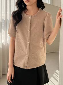 DAZY Tween Girls' Textured Front Button Short Sleeve Blouse, Summer - Khaki - View 4