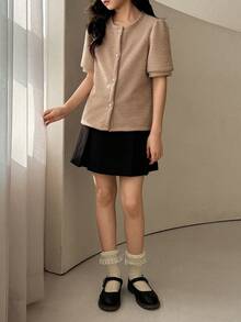 DAZY Tween Girls' Textured Front Button Short Sleeve Blouse, Summer - Khaki - View 5