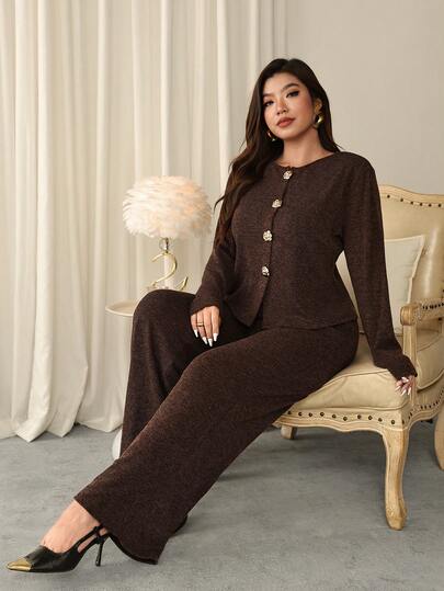 Firerie Plus Size Elegant & Chic Metallic Buckle Knit Texture Jacket & Pants 2 Pieces Set, Suitable For Spring, Summer, Autumn, Winter, Casual, Commute, Urban Fashionable, New Year Casual Vacation Brown Two Piece Set Two Piece Lounge Set Pants Suit Brown 2 Piece Set Brown Jumpsuit Women Spring Outfit For Women, Spring Set For Women