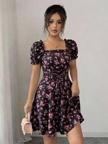 Rafferiza 女士碎花方领泡泡袖荷叶边腰部抽绳连衣裙 - 彩色 - 查看 3