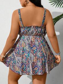 SHEIN Swim Curve 大尺碼女款印花比基尼套裝 淺藍色 夏季波西米亞風 休閒海灘度假風 - 彩色 - 查看 2