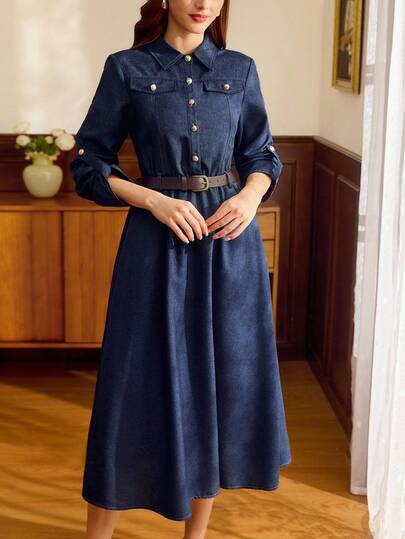 Vintamour 复古优雅女式连衣裙，带口袋、纽扣和袢带，休闲百搭，适合通勤、度假和节假日穿着。