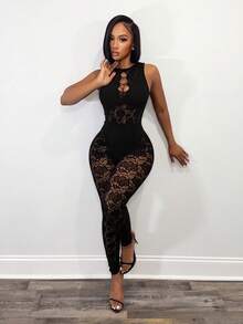 BamGleam Women's Hollow Out Design Round Neck Sleeveless Tight Fitting Sexy Mesh Jumpsuit - Black - View 1