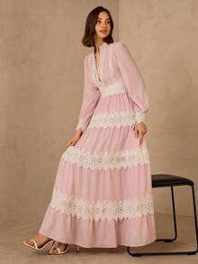 Enchnt Spring/Summer Romantic Women's Pink Floral Embroidery Lace Trim Long Sleeves Maxi Dress,Sweet&Elegant For Vacation&Date&Holiday&Going Out&Valentine's Day,Spring Outfit Women - Pink - View 1