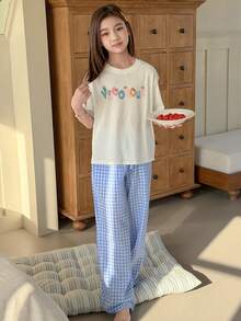 DAZY Tween Girl Letter & Cartoon Print Round Neck Drop Shoulder T-Shirt And Plaid Pants Set - White - View 4