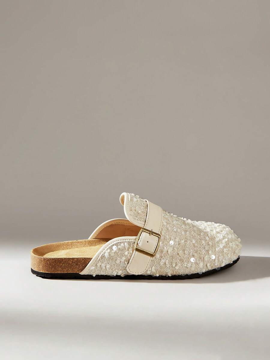 Solecia Zapatos de mujer tipo mule planos y sin cordones, con brillo y chispa, innovadores y cómodos, versátiles, adecuados para uso al aire libre, compras o ir al trabajo - Beis - Ver 1
