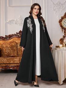 Al Najma Plus Size Women Loose Rhinestone Embellished Simple Arabic Abaya Robe - Black - View 6