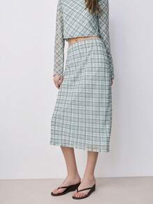 Nöista Two Pieces Outfit, A Long-Sleeve Crop Top And A High-Waisted, Midi Skirt In Blue And Brown Plaid Pattern. Spring, Summer Set, Outfit, Co-Coords. - Green - View 4