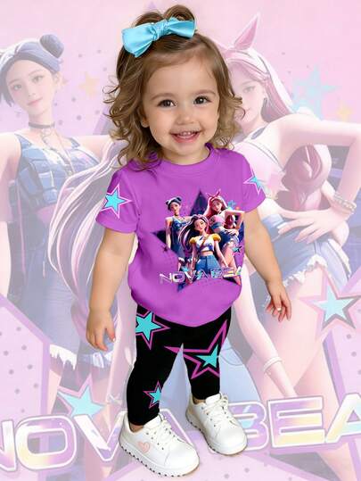 2pcs/Set Baby Girl Casual Fashionable Creative Personalized Refreshing Minimalist Cute Virtual Girl Group Colorful Star Graphic Print Short T-Shirt And Leggings Outfit, Comfortable Daily Wear, Suitable For Spring, Summer, Autumn