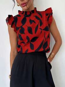 Firerie Women's Elegant Floral Print Cap Sleeve Blouse, Suitable For Daily Wear And Vacation,Red Top - Red - View 5