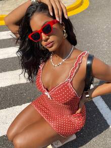 Vaytide Vestido de playa de cobertura transparente y sexy con estampado rojo para mujer - Rojo y blanco - Ver 8