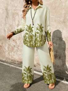 INAWLY Woven Fabric Positioned Print Elegant Loose Women's Suit, Suitable For Commuting - Green - View 5