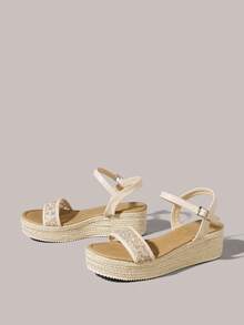 Styleloop Women's Fashion Round Toe Straw Braided Platform Shallow Apricot Mesh Embroidered Ankle Strap Open Toe Sandals, Casual, Vacation, Commute, Music Festival - Apricot - View 3