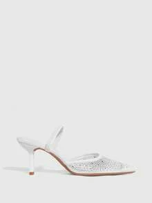 CUCCOO SZL Pointed Toe Backless High Heel White Mesh Rhinestone Elastic Strap Women's Stilettos, Fashionable, Sexy, Elegant French Style Open Toe Pumps - White - View 4