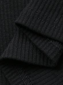 FRIFUL Women's Contrast Color Patchwork Sheer Lace Contrast Button Ribbed Fabric Slim Fit T-Shirt, Suitable For Spring - Black - View 3