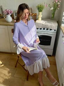 Snug Reverie Camisón de mujer con bolsillo, bordado romántico de lazo y ribete de volantes en contraste de color - Lila Púrpura - Ver 6