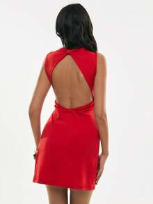 Poéselle 女士纯色露背扭结优雅无袖迷你连衣裙 - 紅色 - 查看 7