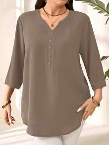 Miaspire Plus Size Women's Grey Autumn Smart Casual Everyday Loose Blouse,Solid Notched V Neck Roll Tab Sleeve Top For Summer Vacation Commute - Khaki - View 7