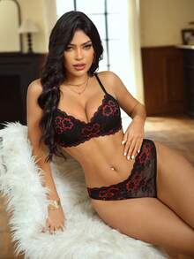 2pcs/Set Women Lace Contrast Mesh Bra With Underwire - Multicolor - View 4