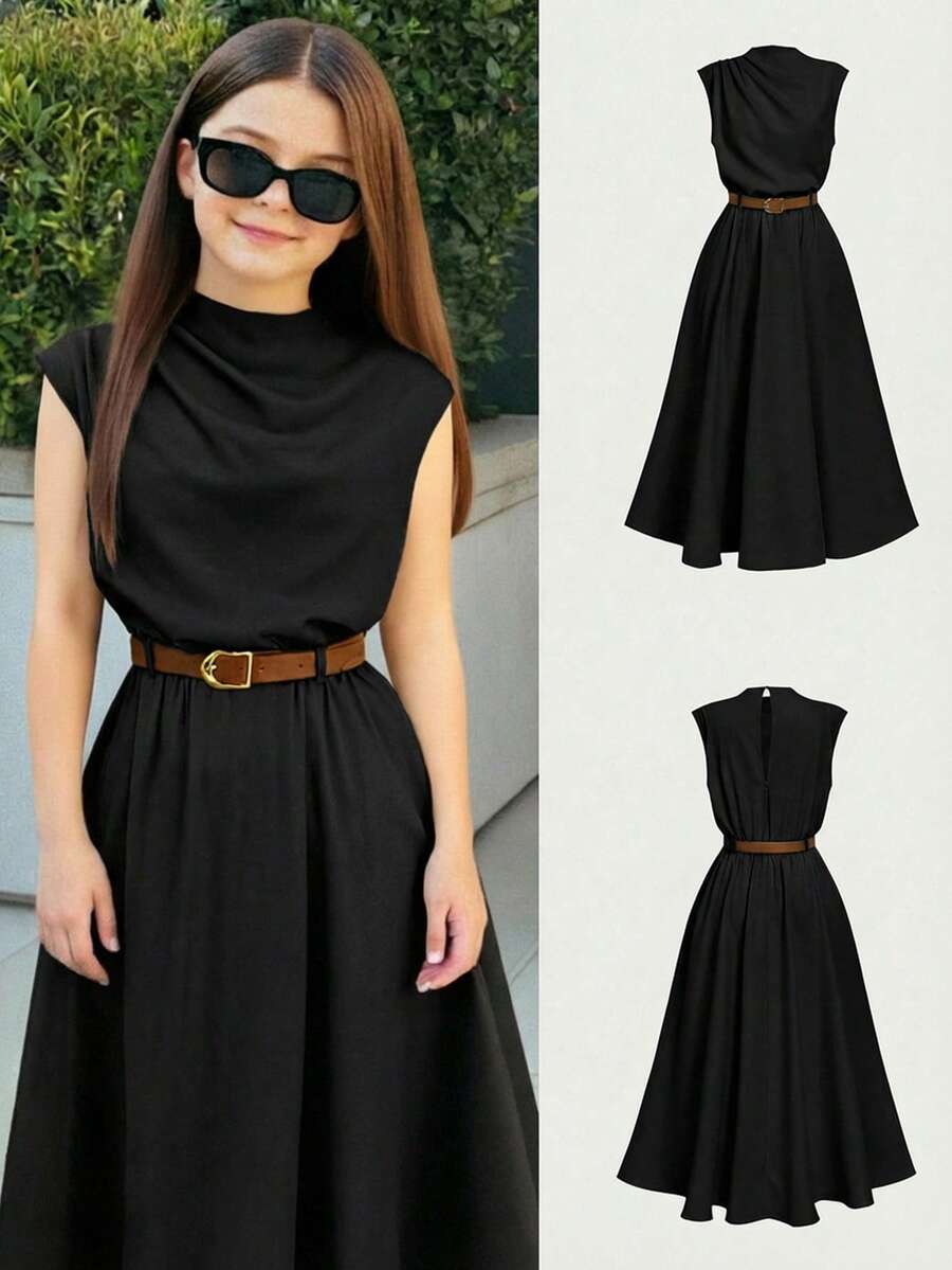 Firerie Kids NovaGlow Tween Girl Tween Girls Casual Chic Commuter Mock Neck Flounce Waist A-Line Long Dress - Black - View 1
