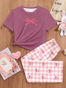 SHEIN 年轻女孩休闲修身圆领短袖家居裤，夏季 - 彩色 - 查看 5