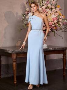 MOTF Soiréza WOMEN'S ELEGANT ASYMMETRIC SHOULDER MERMAID HEM LONG DRESS - Blue - View 7